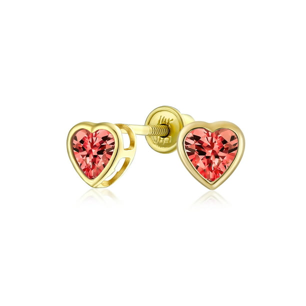 Jewels By Lux 14K Yellow Gold Heart Red Cubic Zirconia CZ Womens Stud Earrings 